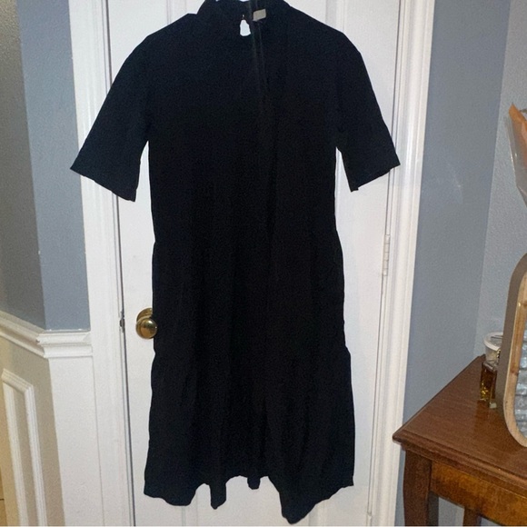 Everlane The Tiered Mockneck Dress Cotton Knee Length Black Size Small - Picture 3 of 15